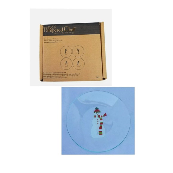 Pampered Chef Snowman Appetizer Round Dessert Plates 6 inch Diameter Set Of 4 - Picture 1 of 9
